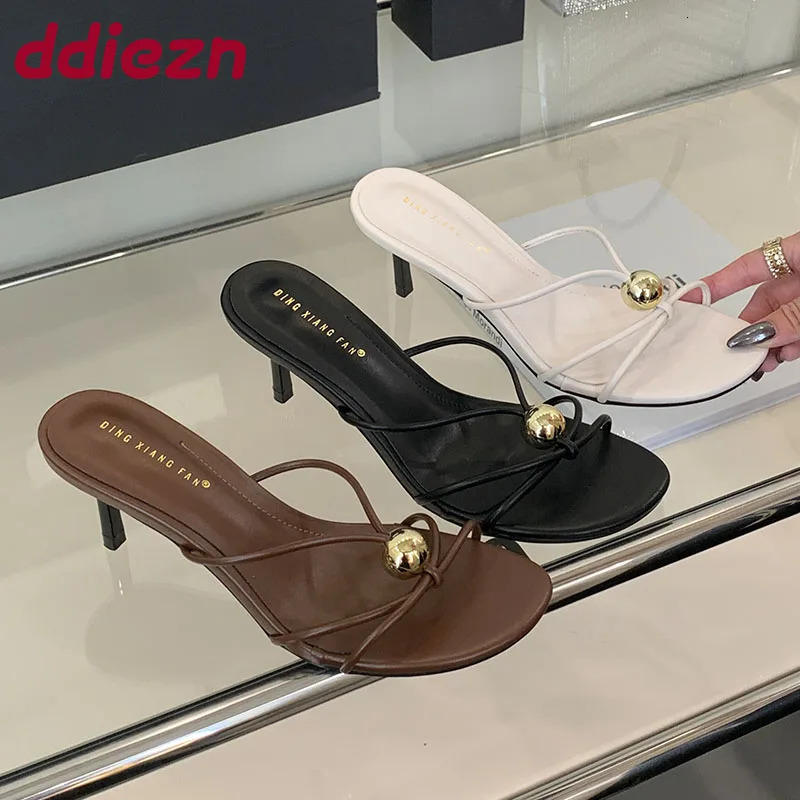 Thin Heels Footwear Slippers Slides Shoes For Women Metal Fashion Round Toe Ladies High Female Sandals 2025 260208