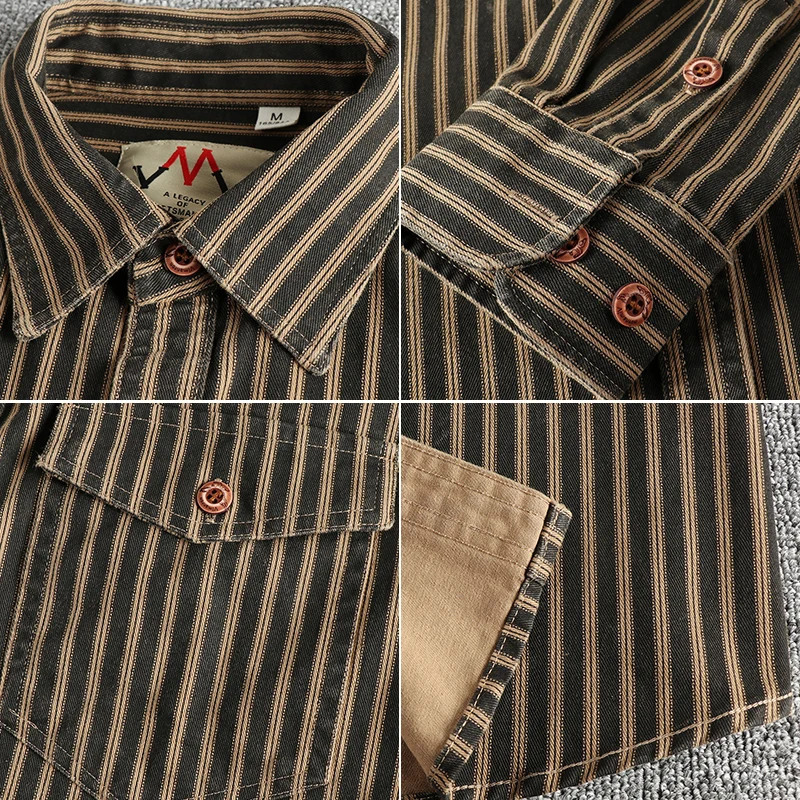 Autumn And Winter American Retro Stripe Long-Sleeve Lapel Shirt Mens Simple Fashion Washed Multi-pocket Casual Blouses 260208