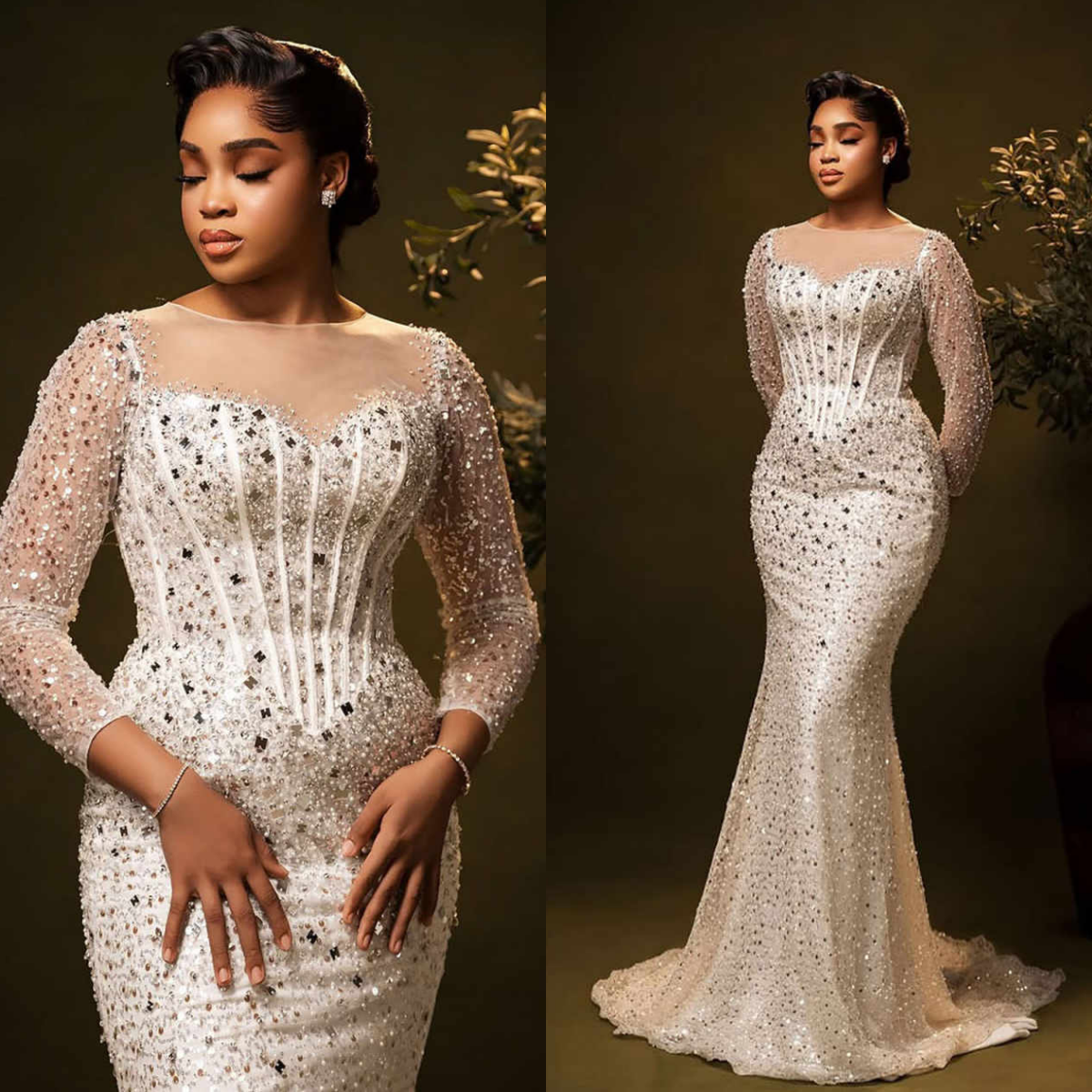 Elegant Sequins Mermaid Wedding Dresses Jewel Long Sleeve Bridal Gowns Beaded Sweep Train Vestidos De Novia Customized