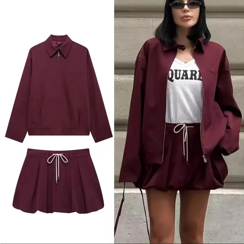 Casual Women 2 Pieces Sets Waist Lace Up Lantern Edition Mini Skirt Sets Solid Pocket Decorative Jacket Top Womens Set 260208