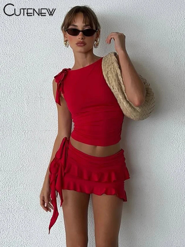 Cute Womens Halter Lace-up Two Pieces Sets Spaghetti Strap Camisole Hip Slim Mini Skirt Streetwear Female Dress Suit 260208