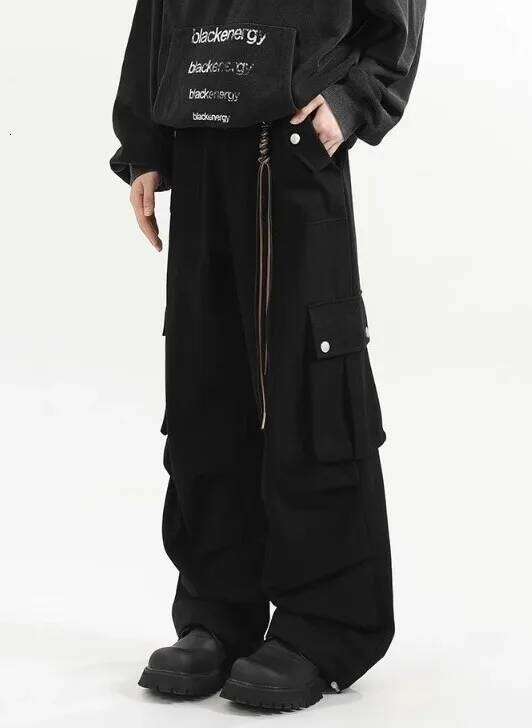 Retro Melange Brown Paratrooper Work Unisex Autumn Loose Straight-Leg Wide-Leg Casual Floor-Length Trousers