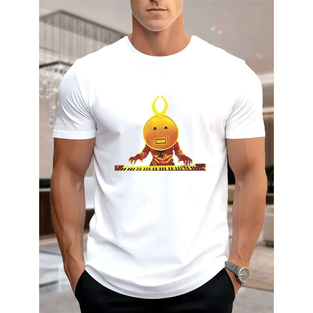Men's Cotton Printed T-Shirt - Cartoon Keyboard Player Graphic Design, Breathable & Comfortable for Daily Casual Wear, Trendy Style X260209