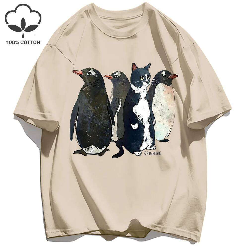 A cow cat imitating penguins catwheezie Basics T-Shirt Mens Summer Tee Cotton Comfortable Top Unisex Colour Soft Clothing X260209