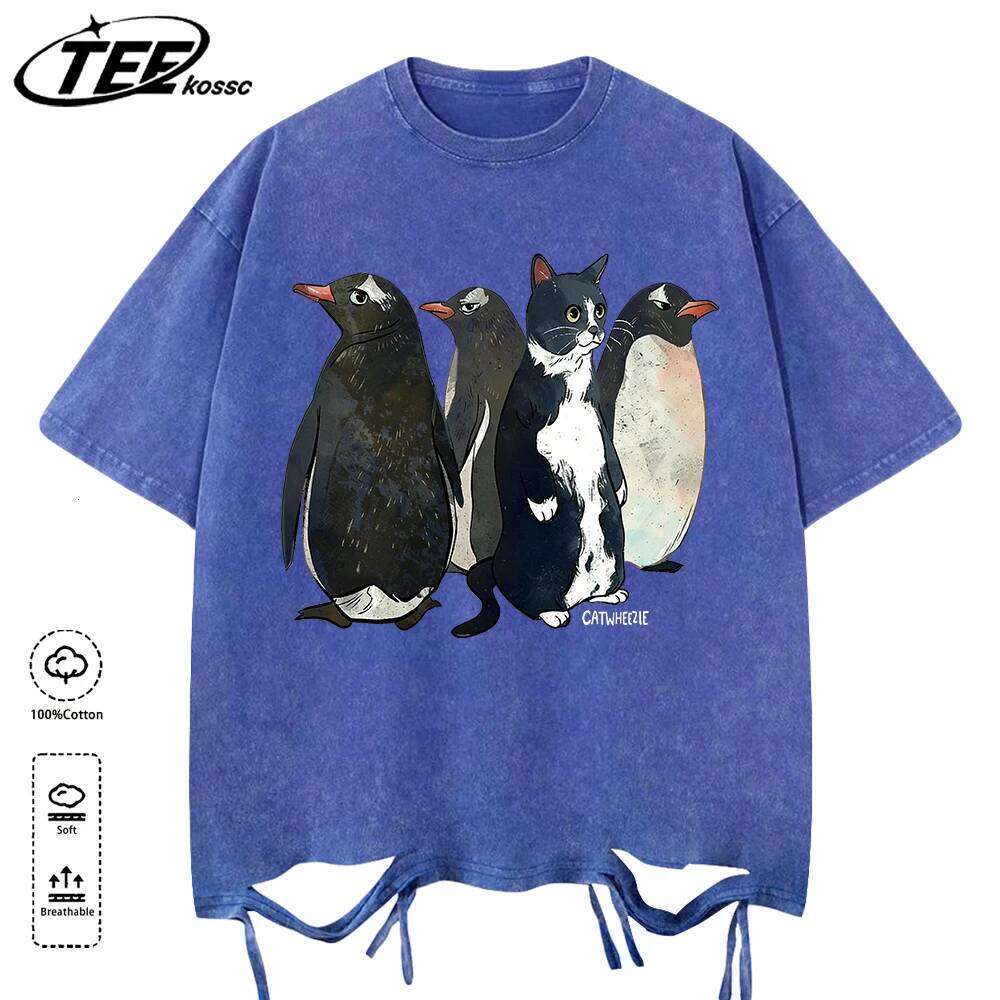 A cow cat imitating penguins catwheezie Holes Washed T-Shirt Mens Summer Tee Cotton Comfortable Top Unisex Colour Soft Clothing X260209