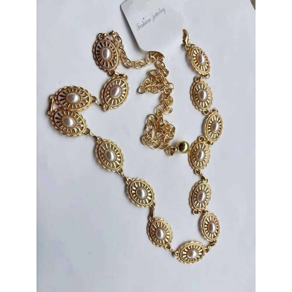 Summer Bohemian Waist Chain Pearl Inlaid Heart Elliptical Links Tribal Body Jewelry Adjustable for Beach Festival X260209