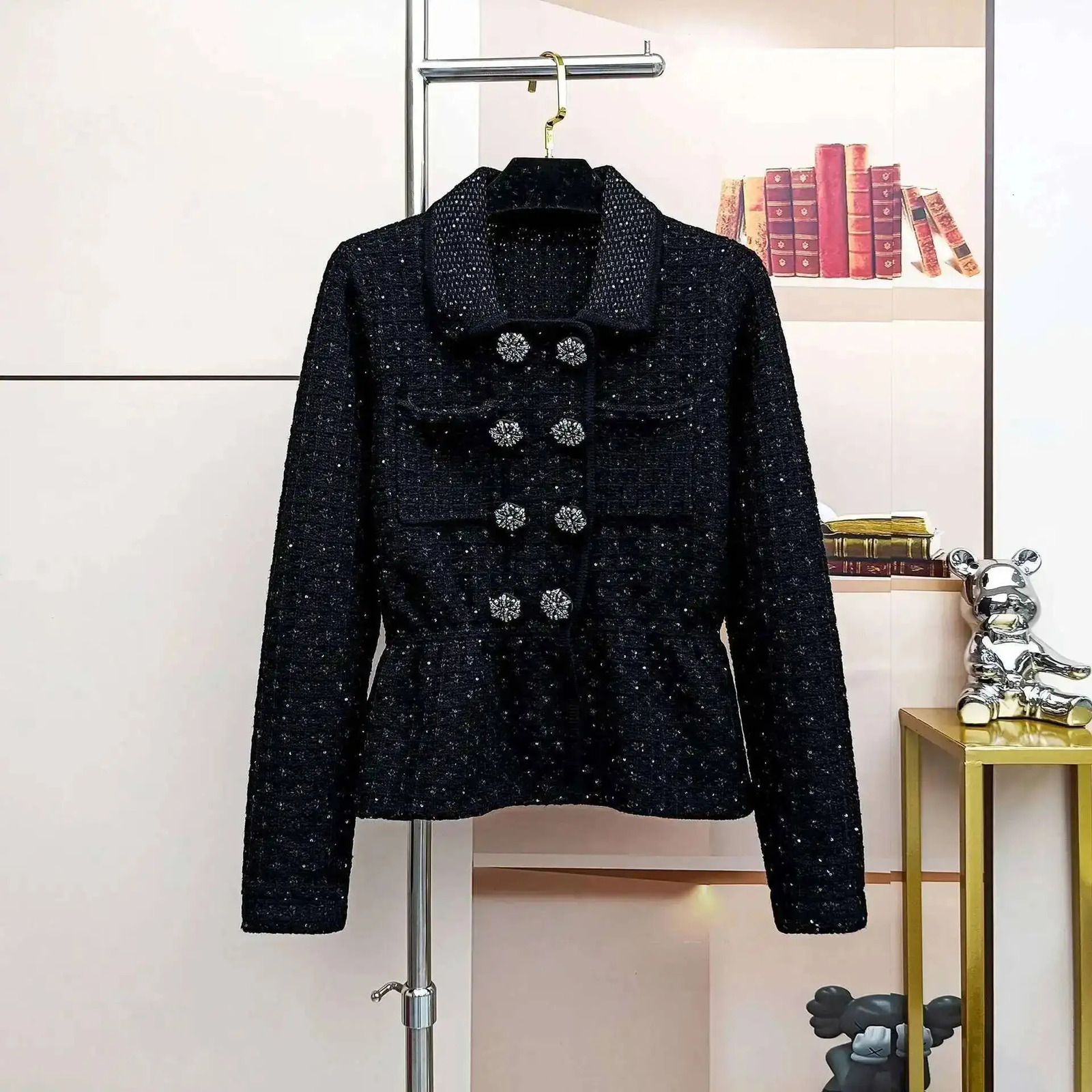 Autumn Double Breasted Diamonds Crystal Beading Knitted Cardigans Jackets Midi Long Pencil Skirts Women Two Piece Sets 260122
