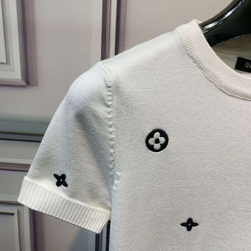 Autumn Winter New Short Round Neck Rhinestone Sweater Fashion Trend T-Shirt Slim Fit Knitted Men's Half Sleeve Base Shirt