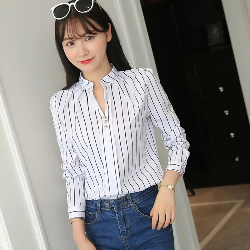 Xpqbb Autumn White Shirt for Women Fashion Stripe Print Long Sleeve Office Lady Blouses Casual Loose Standup Collar Blusas 250203