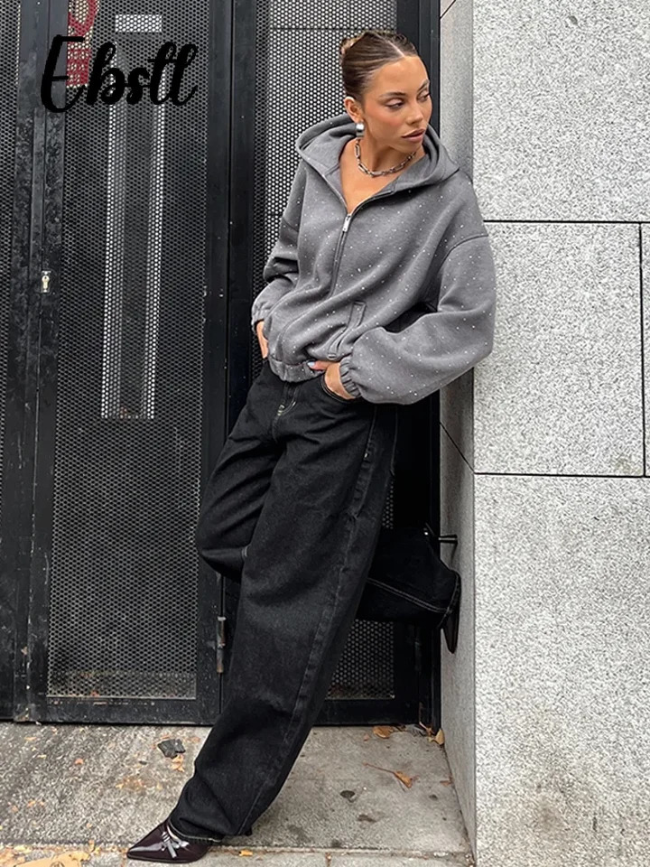 Rhinestone Zipper Hoodies Skirts Set Womens Casual Hooded Pockets Full Sleeve Sweatshirt Puffy Short Skirt 2026 Lady Outfit 260122