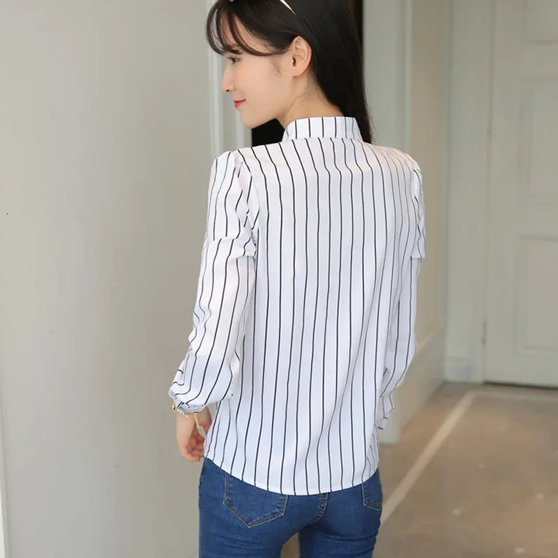 Xpqbb Autumn White Shirt for Women Fashion Stripe Print Long Sleeve Office Lady Blouses Casual Loose Standup Collar Blusas 250203