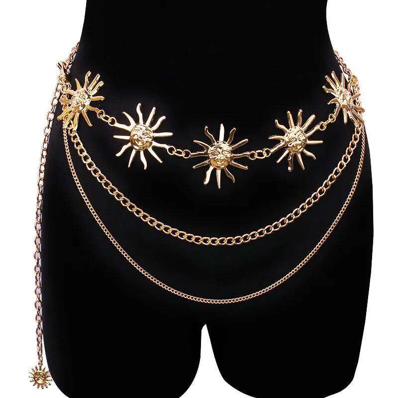 Multilayer Punk Gothic Moon Sun Metal Waist Belts for Women Dress Body Chain Jewelry X260209