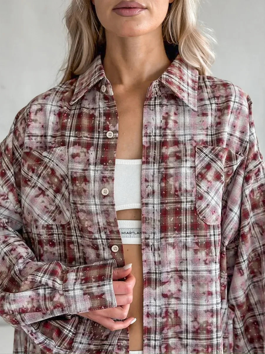 Wolfeel Spring Autumn Personalized Street Retro Vintage Plaid Shirt Womens Loose Outer Long Sleeved Women Loose Shirt 260207