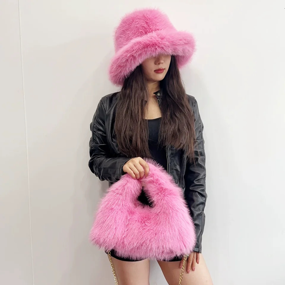 Y2K Autumn and Winter Womens Hats and Bags Faux Fur Bucket Hat Cow Printed Plush Warm Hat Holiday Bucket Hat 260202