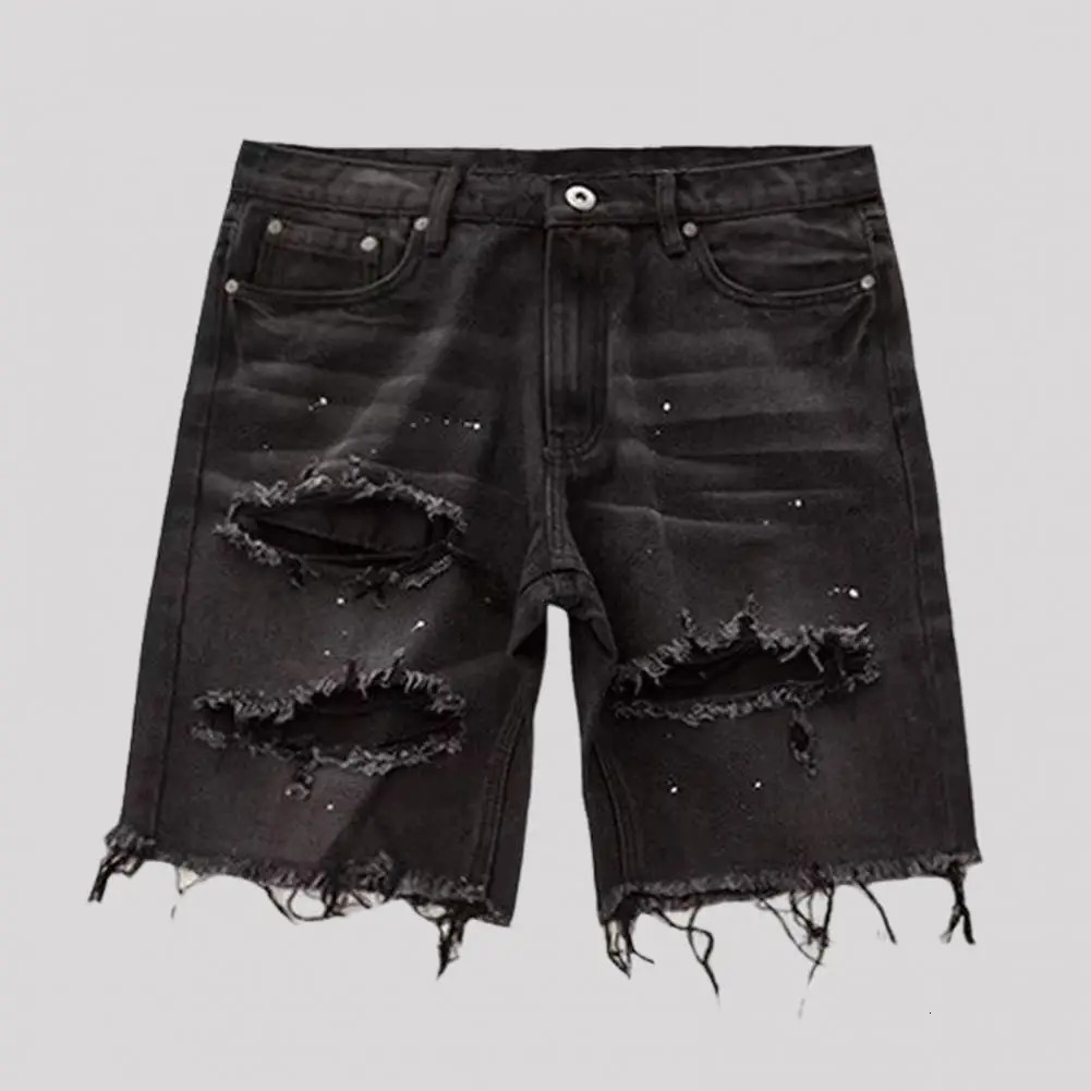 Men Denim Shorts Button Zipper Fly Multi Pockets Short Jeans Straight Fit Ripped Holes Knee Length Distressed Denim Shorts 260208