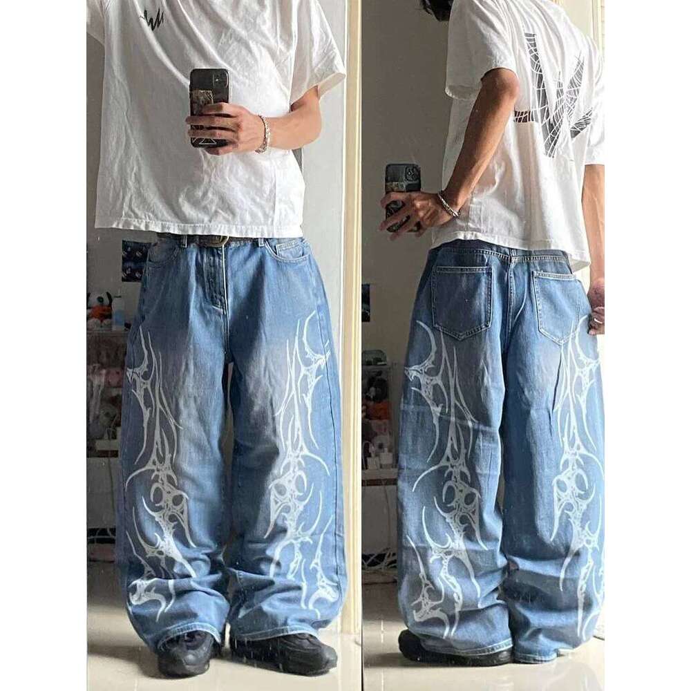 2025 retro blue printing baggy jeans y2K harajuku trend men women hip hop fashion casual Joker couple Wide-leg pants streetwear