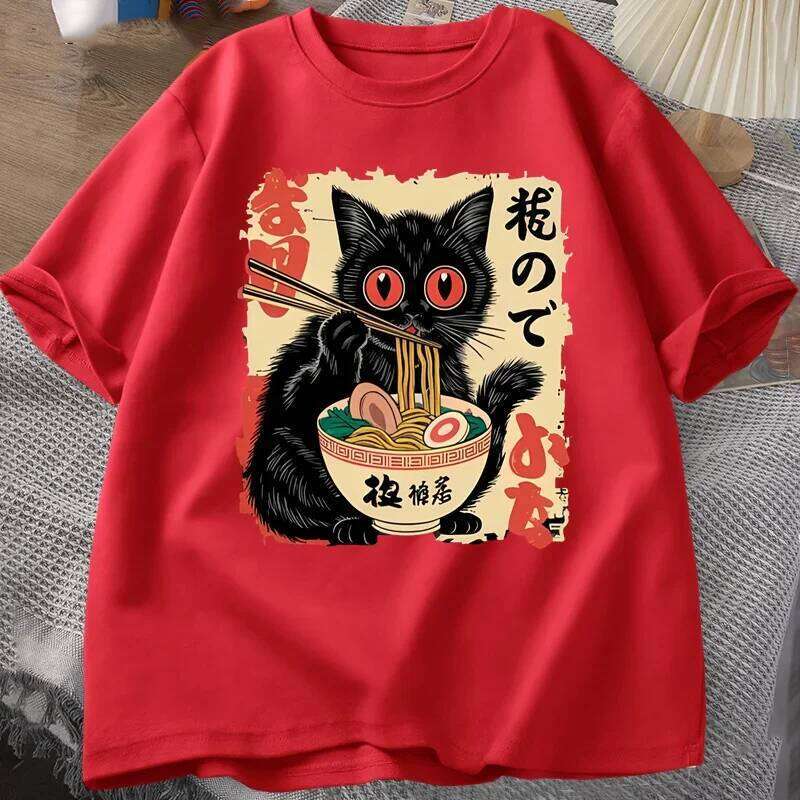 Vintage Japanese Black T Shirts Cute Graphic Funny Cat Eating Ramen Printing Harajuku Short Sleeve Casual X260209