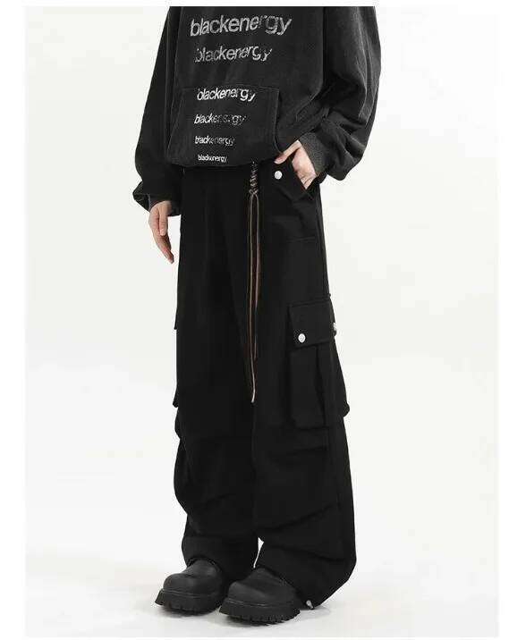 Retro Melange Brown Paratrooper Work Unisex Autumn Loose Straight-Leg Wide-Leg Casual Floor-Length Trousers