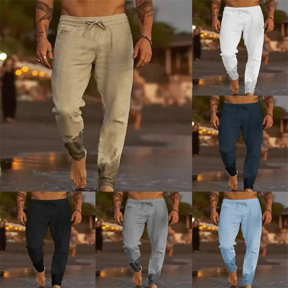 Mens Beach Pants Joggers Streetwear Cotton Linen Sweatpants Casual Pants Hawaiian Vacation Loose Summer Straight Pants Male 260122