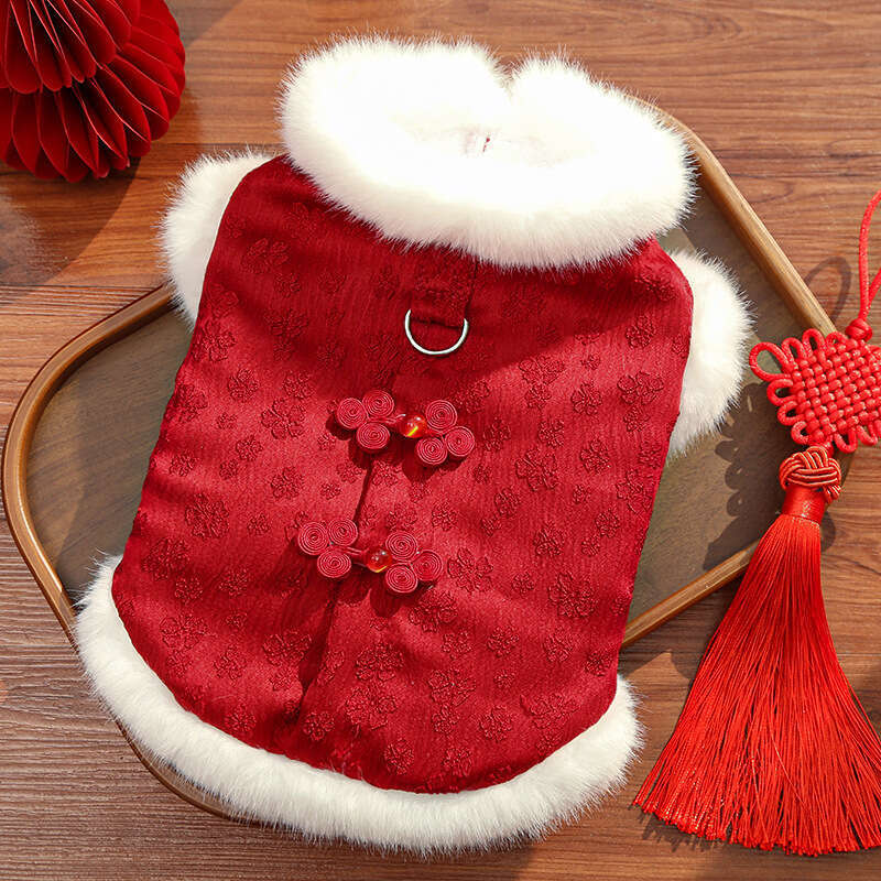 New Year Fleece-Lined Autumn Winter Chinese Style Jacquard Vest Thickened Pet Dog Cat Clothes Accessories Bichon Teddy
