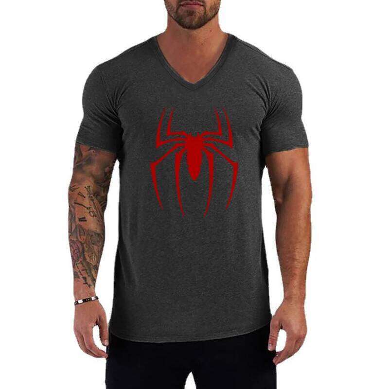 Red Spider Printed Basic Cotton Mens V-Neck Short Sleeve T-shirts Summer Casual Breathable Tops Tees Slim Fit Sports T Shirts X260209