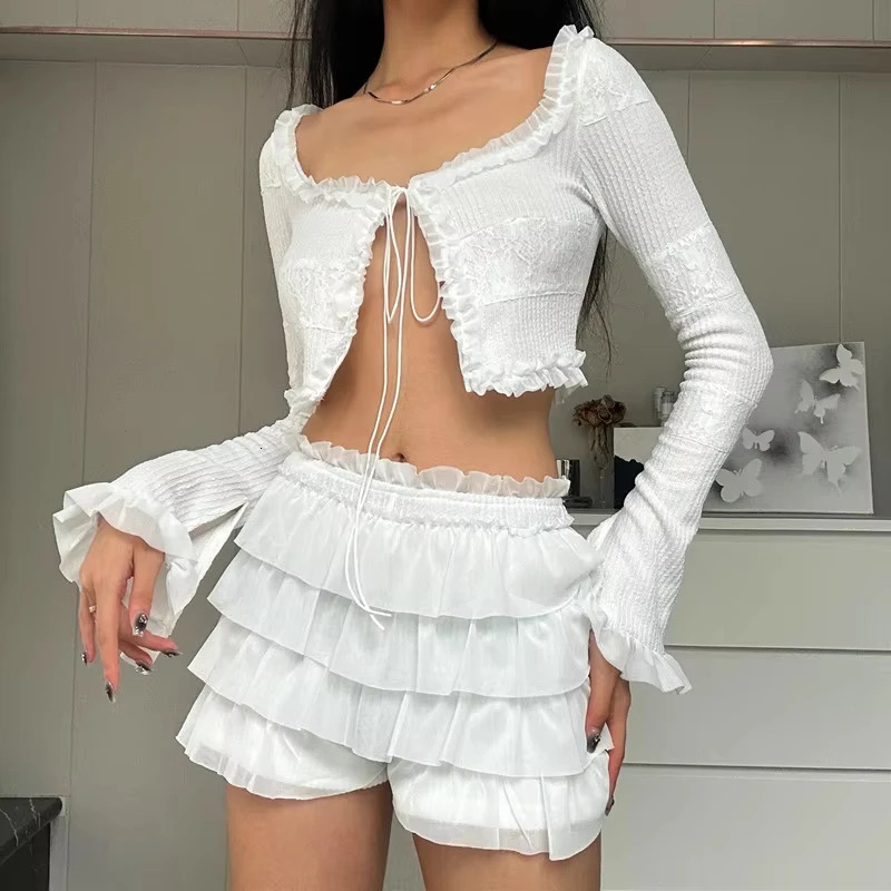 FZCSPEED Womens Sexy Mini Skirt Two-piece Set Strappy Cardigan Top Ruffle Layered Mini Skirt White 260208