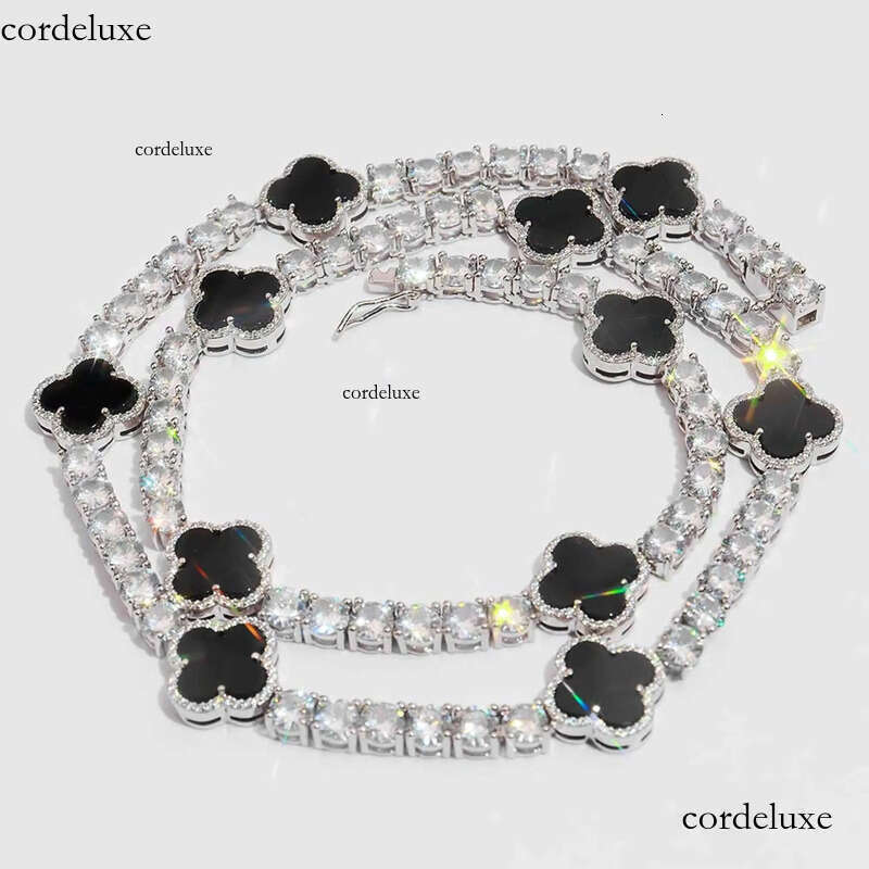 VVS Tennis Chain with Black Agate Clover Leafs Iced Out Moissanite Necklace Officiant Anniversary Gift c9