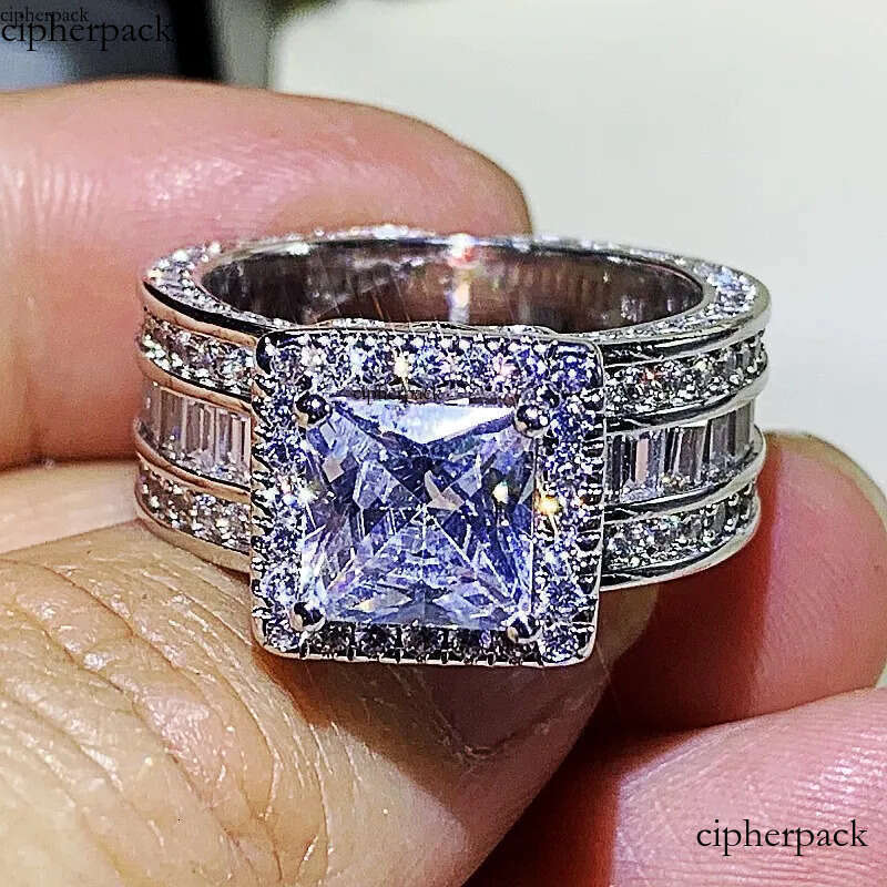 Rulalei Stunning Jewelry Sterling Sier Princess Cut Full White Topaz CZ Dia Promise Women Wedding Band Ring For Lover Gift cc