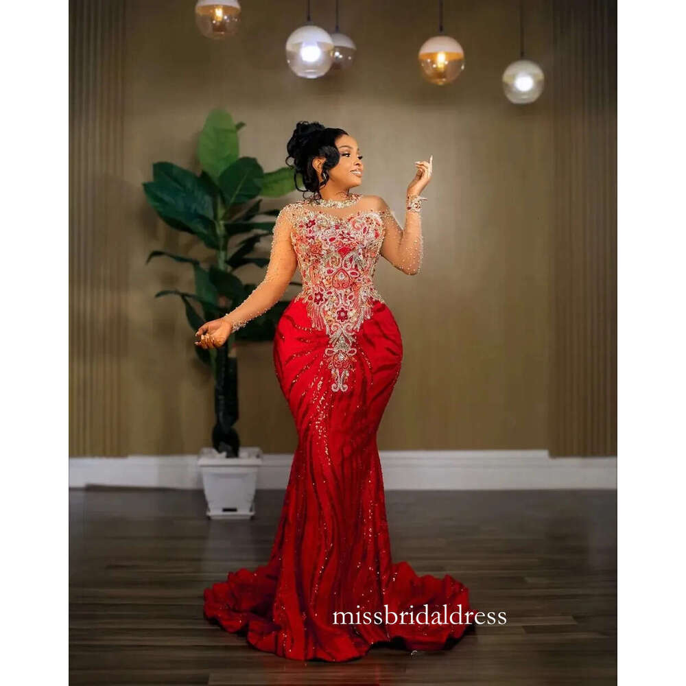 Red Mermaid Prom Dresses 2026 Beaded Lace Full Sleeves Sparkly Evening Formal Party Gowns Plus Size Robe De Soiree Mariee Luxe 0209