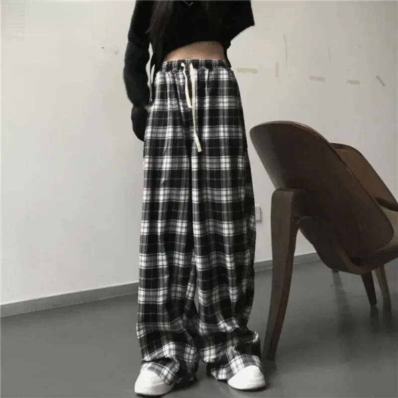 Fashion Oversized Drawstring Baggy Pants Women Black Plaid High Waist Unisex Hip Hop Pant Casual Loose Sweatpants Chic Trousers 122 H260209