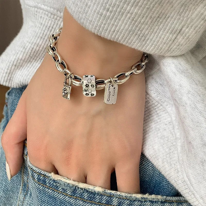 ANENJERY Vintage Star Lock Letter Tag Thick Chain Bracelet for Women Hip-hop Party Couple Jewelry pulseras mujer 260128