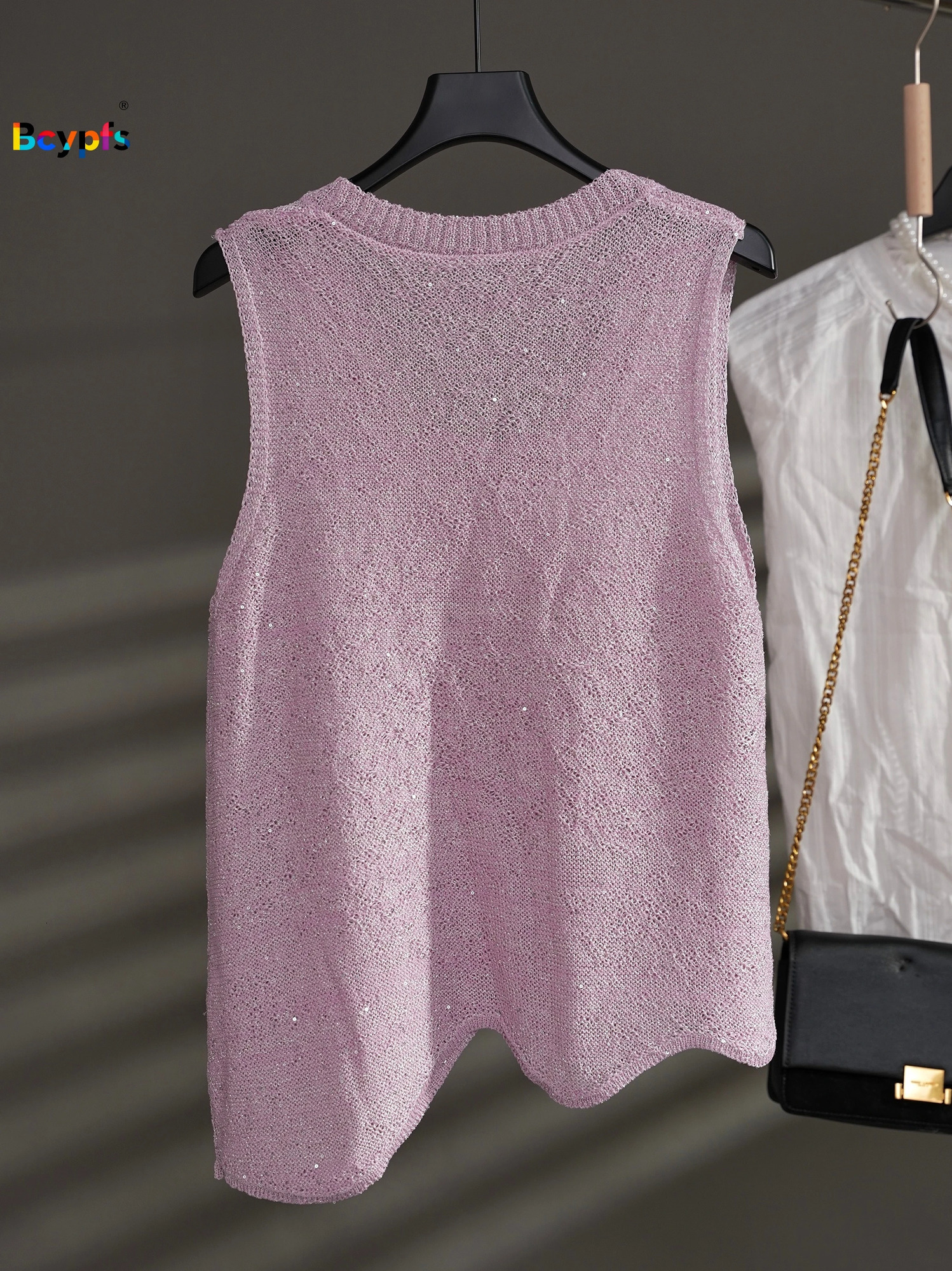 2026 Womens Soft Pink Knit Vest Wavy Hem Sleeveless Openwork Sequin Loose Top Versatile for Layering Casual Wear 260130