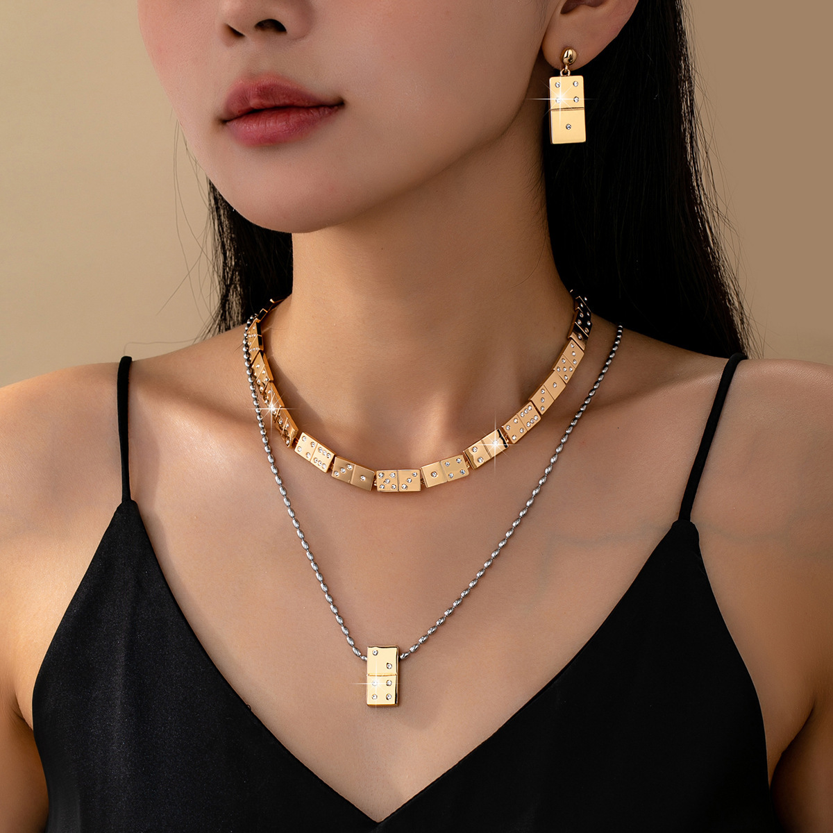Fashion Retro French Style Hot-Selling Mahjong Block Inlaid Zircon Jewelry Set Versatile Trendy Necklace For Women