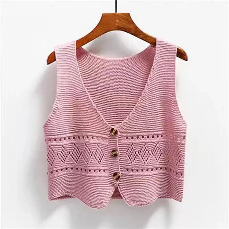 In Spring Autumn V Neck Single Breasted Sweater Vest Women Sleeveless Casual Loose Knitted Cardigans Female Short Knitwear 260130