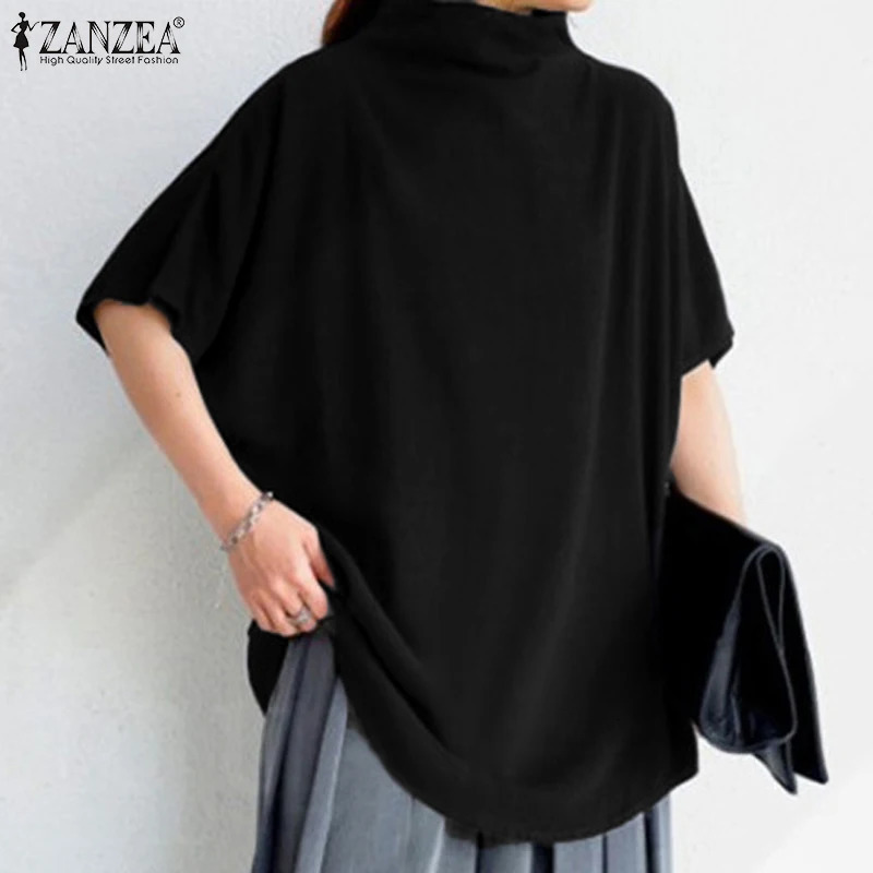 ZANZEA Causal Pure Cotton Blouse Summer Women Solid Turtleneck Short Sleeve Back Zipper Blusas Elegant Holiday Tops Oversized 260207