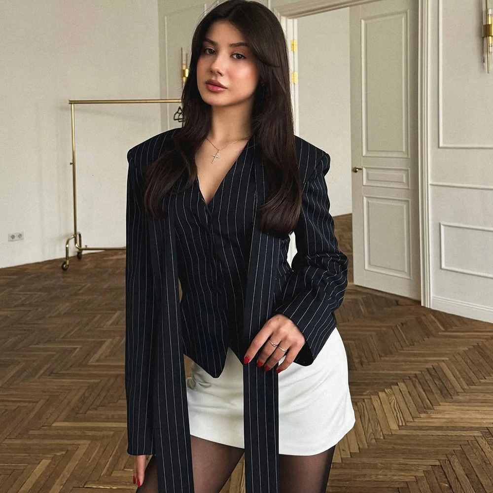 Tuularose 3 Piece Dress Set Women Elegant V-Neck Striped Ribbon Blazer Slim Short Dress Set Fashion Women Party Dress Set 260208