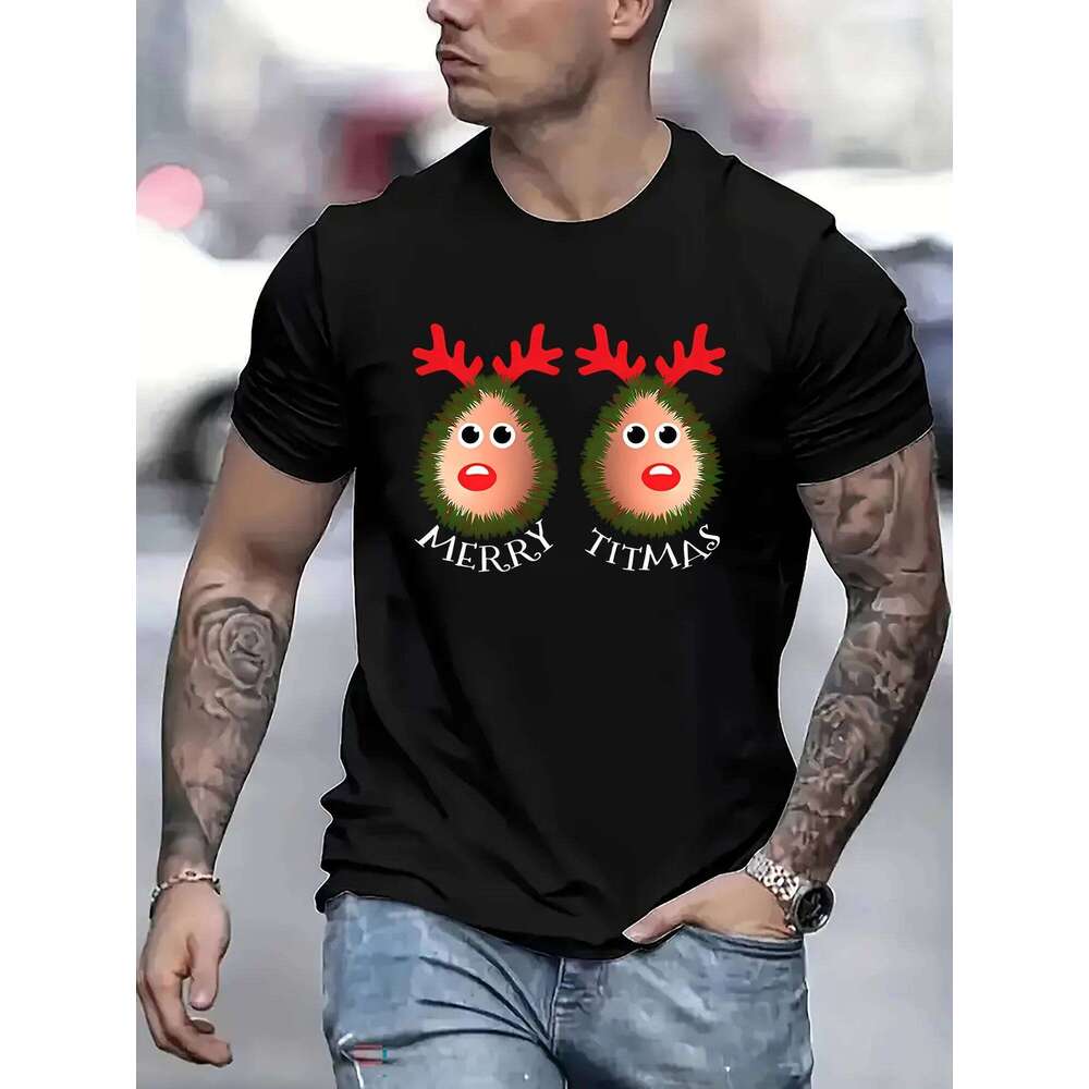Warm Fun Printed Men's Short-Sleeved T-Shirt with Cute Cartoon Character Patterns, Easy Match Casual Round-Neck Top Suitable All Seasons, Breatha