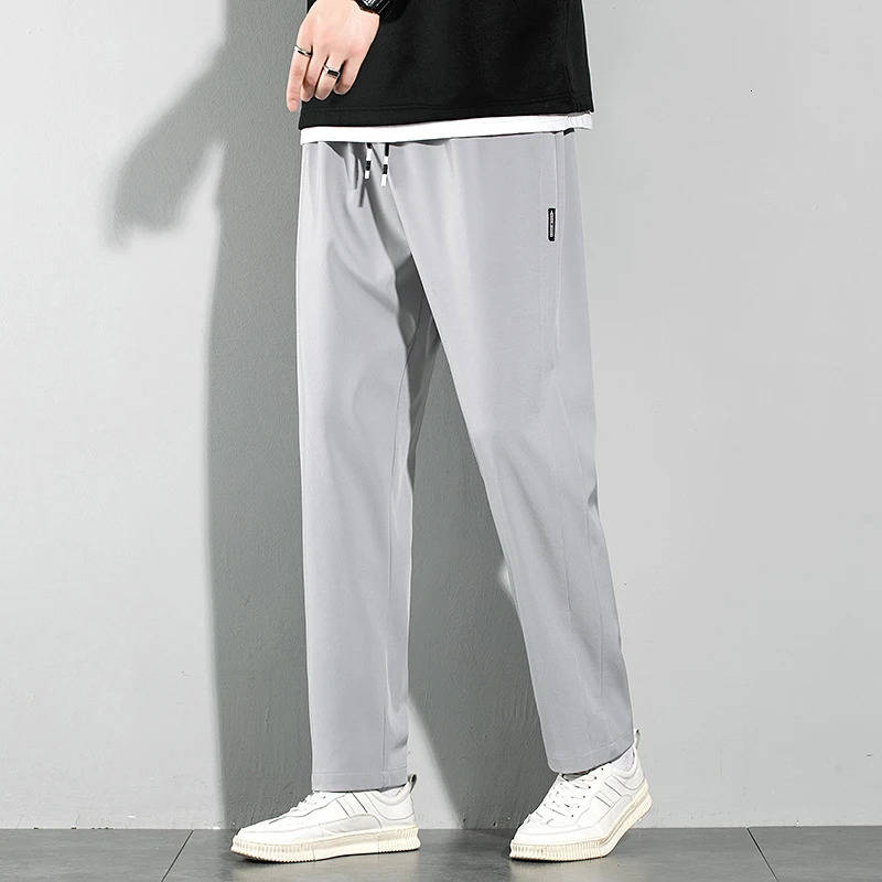 Ice Silk Mens Pants 2025 Summer Black Gray Thin Business Casual Pants Outdoor Elastic Breathable Straight Leg Sweatpants 260122