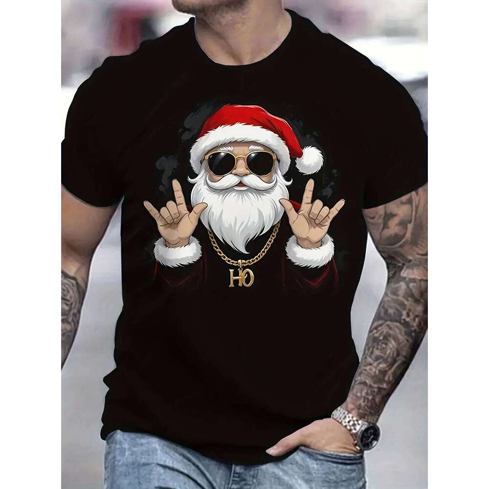 Cool Santa Rock On Graphic Tee Men's Summer Casual Round Neck Short Sleeve T-Shirt Festive Hip Hop Style X260209