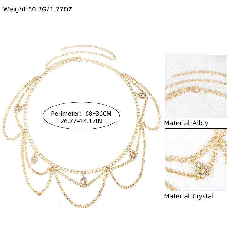 Light Luxury Multi-layer Retro Style Champagne Gemstone Pendant Waist Ladies' Body Chain Jewelry X260209