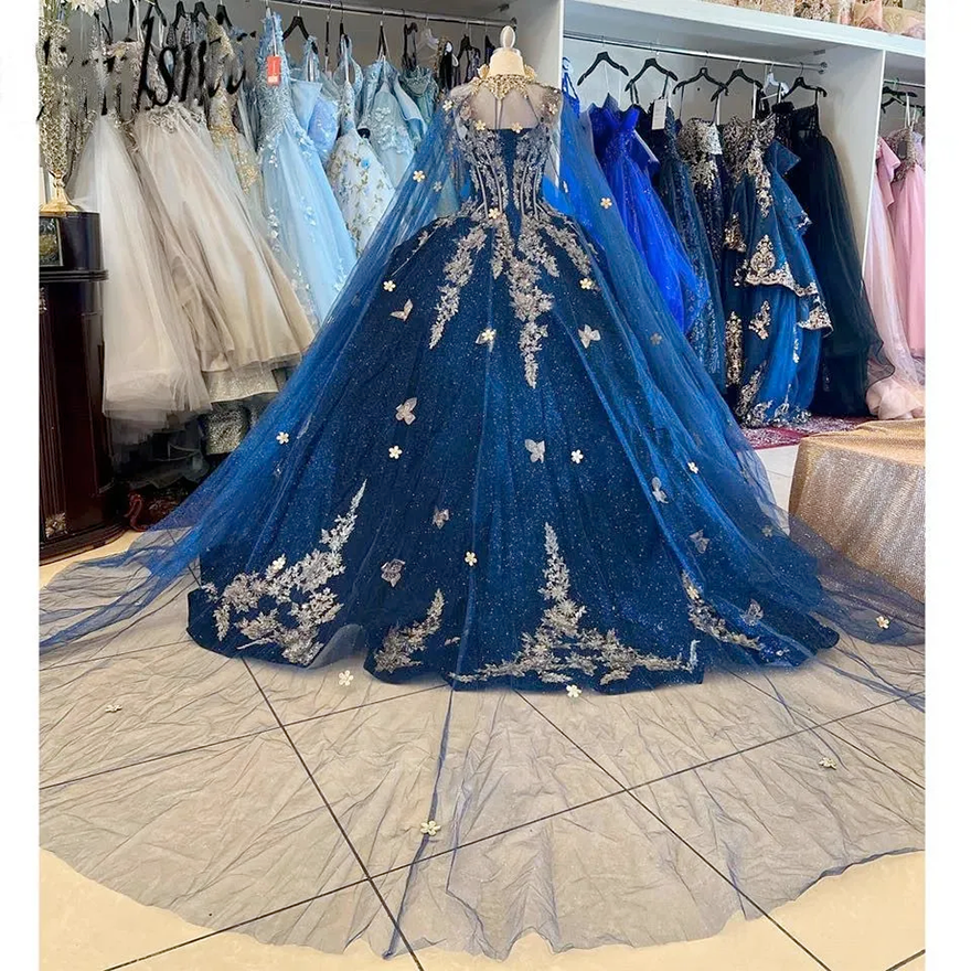 New Navy Blue Quinceanera Dresses Ball Gowns Appliques Velvet Birthday Party Evening Dress Vestido De 15 Anos N2610