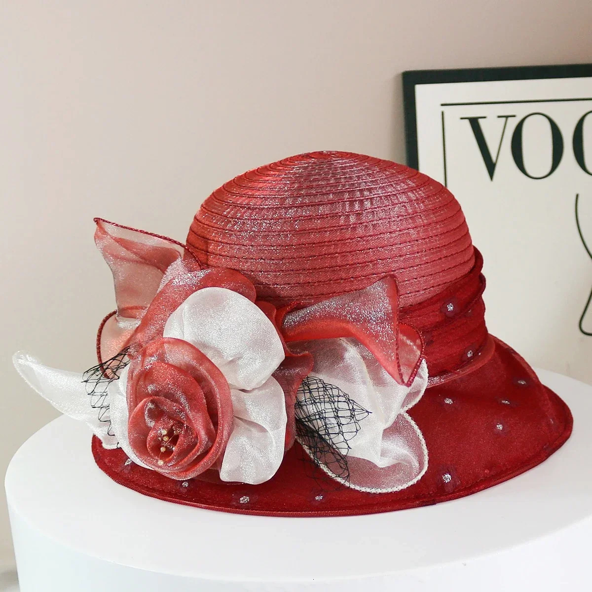 Fashion Hat Women Top Hat Elegant Organza Flower Wide Brim Sun Hat for Women Retro Style Party Banquet Accessory Foldable Beach 260208