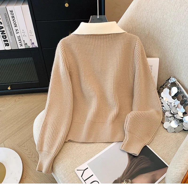 2025 Autumn Winter Splicing Slim Women Knitted Cardigan Sweater Jacket Fashion Two Items Loose Ladies Top 260122