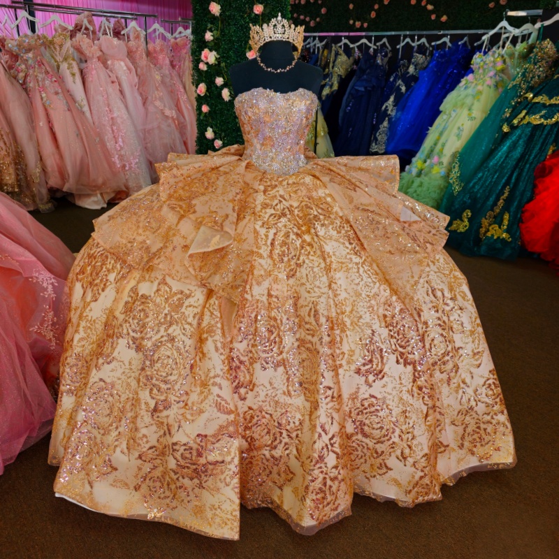 Champagne Shiny Quinceanera Dresses Ball Gown Off The Shoulder Sequin Applique Lace Beading Crystal Tull Corset Sweet 16 Dress Vestidos 15 Anos