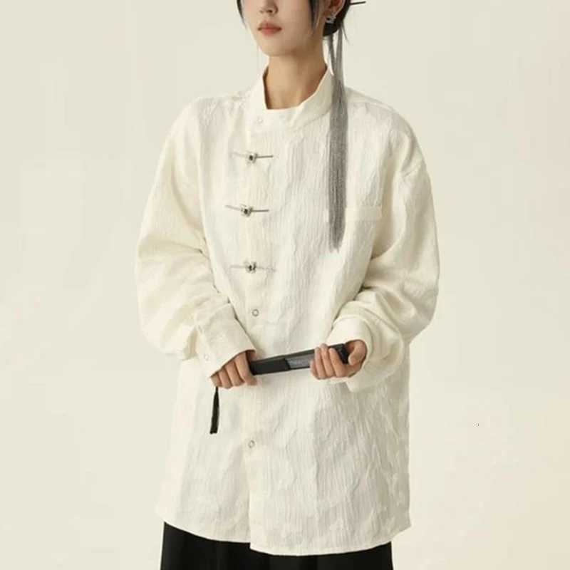 Spring Autumn Chinese Style Stand Collar Vintage Butterfly Buckle Shirt Male Loose Casual Jacquard All-match Blouse Hombre Tops C260209