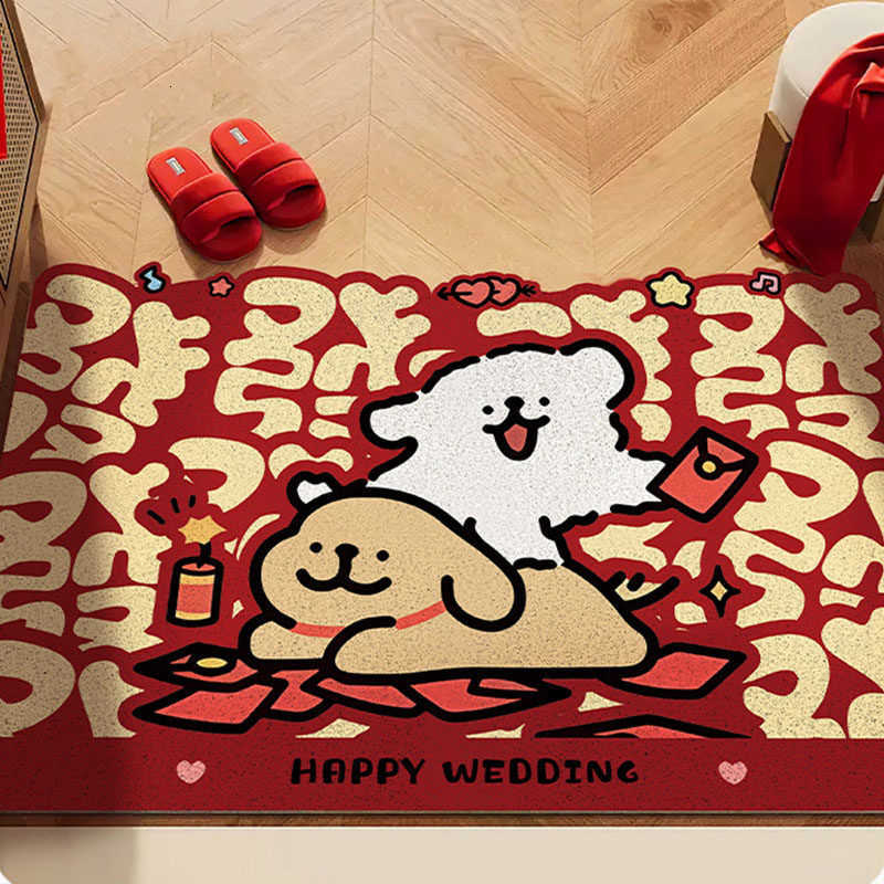 Cartoon puppy entrance door mat red festive household floor mat New Years dirt-resistant foot mat silk loop floor mat S260207