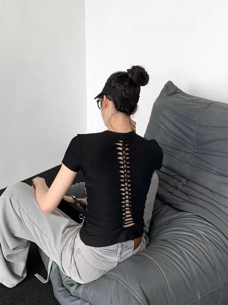 Yedinas Back Hollow Out Solid Womens T-shirt Korean Fashion Short Sleeve Slim Streetwear Summer Tops Soft Tees Female Clothing 260120