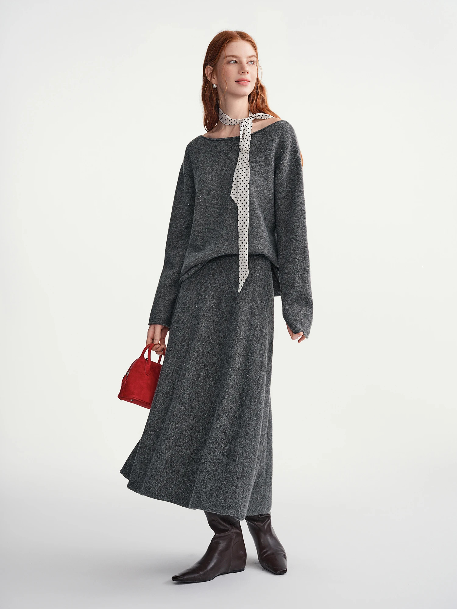 DUSHU Skirts sets Women Gray Slash Neck Loose Sweater Knitted Suit Commuting Office Lady Two-piece Winter Simple Unisex Ins 260208