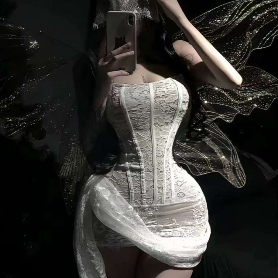 Elegant White Lace Corset Dress Women Strapless Sheer Bodycon Mini Dress with Asymmetrical Hem & Vertical Seams, Perfect for Date Night, Party & Roman