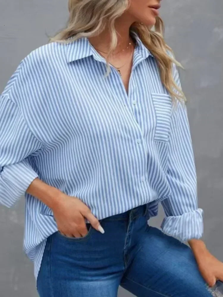 Plus Size Womens Shirt Summer Feminino Casual Pocket Baggy Loose Top Striped Classic Longsleeved Work Blouse Clothing 260207